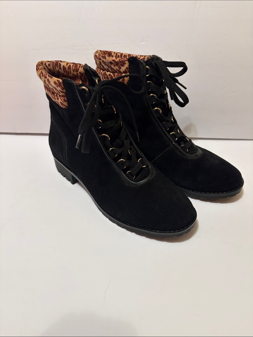 Crown &Ivy Black Suede Lace-Up Ankle Boots with Leopard-Print Collar